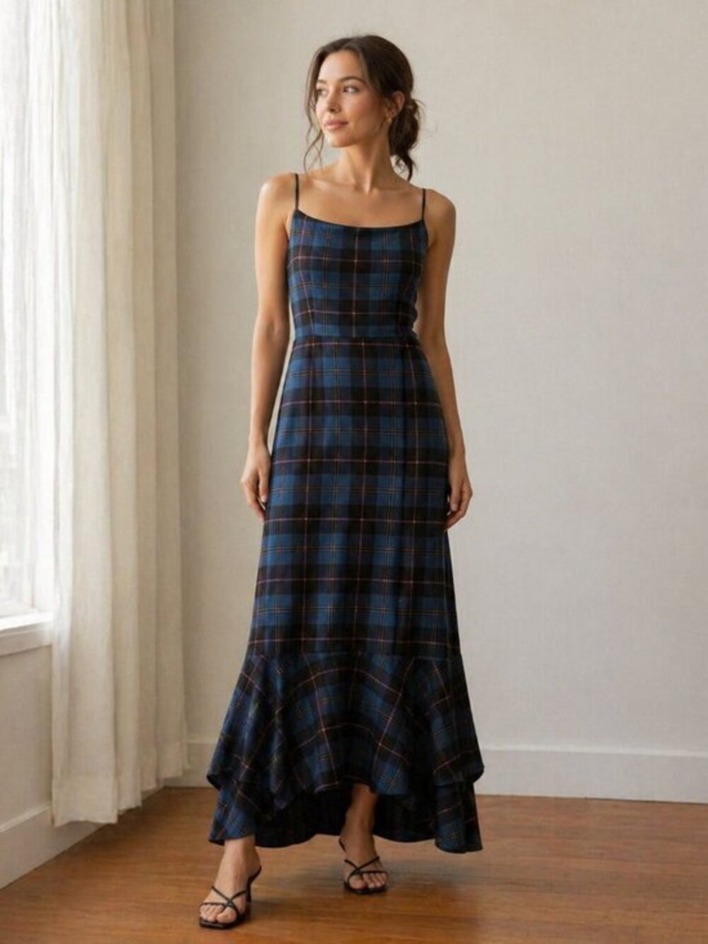 Women spaghetti strap one-piece plaid printed ruffle hem dress with lini…
